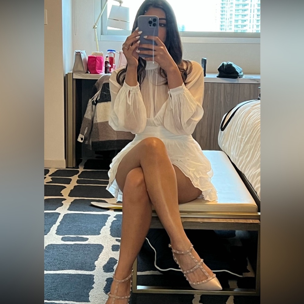 Selfie Leslie MANDALAY HIGH NECK LONG SLEEVE WAISTBAND DRESS WHITE